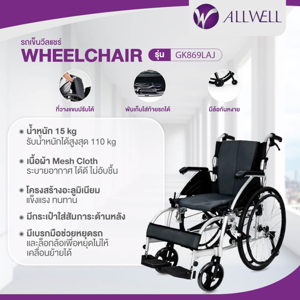 รถเข็นวีลแชร์ เกรดเครื่องมือแพทย์ ALLWELL ล้อ 24 นิ้ว สีดำ มีล้อหลังกันหงาย ที่พักแขนปรับได้